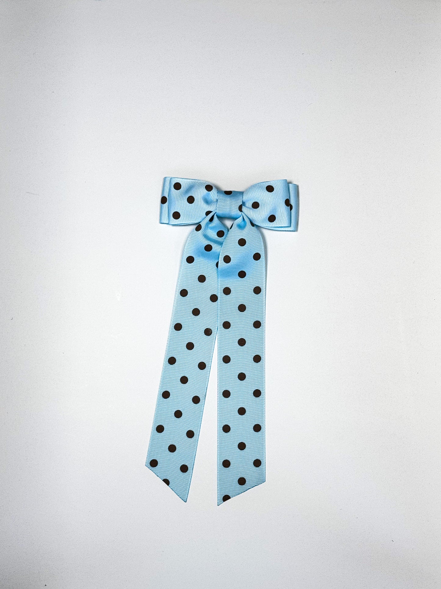 light blue and brown polka dot bow