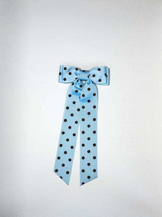 light blue and brown polka dot bow