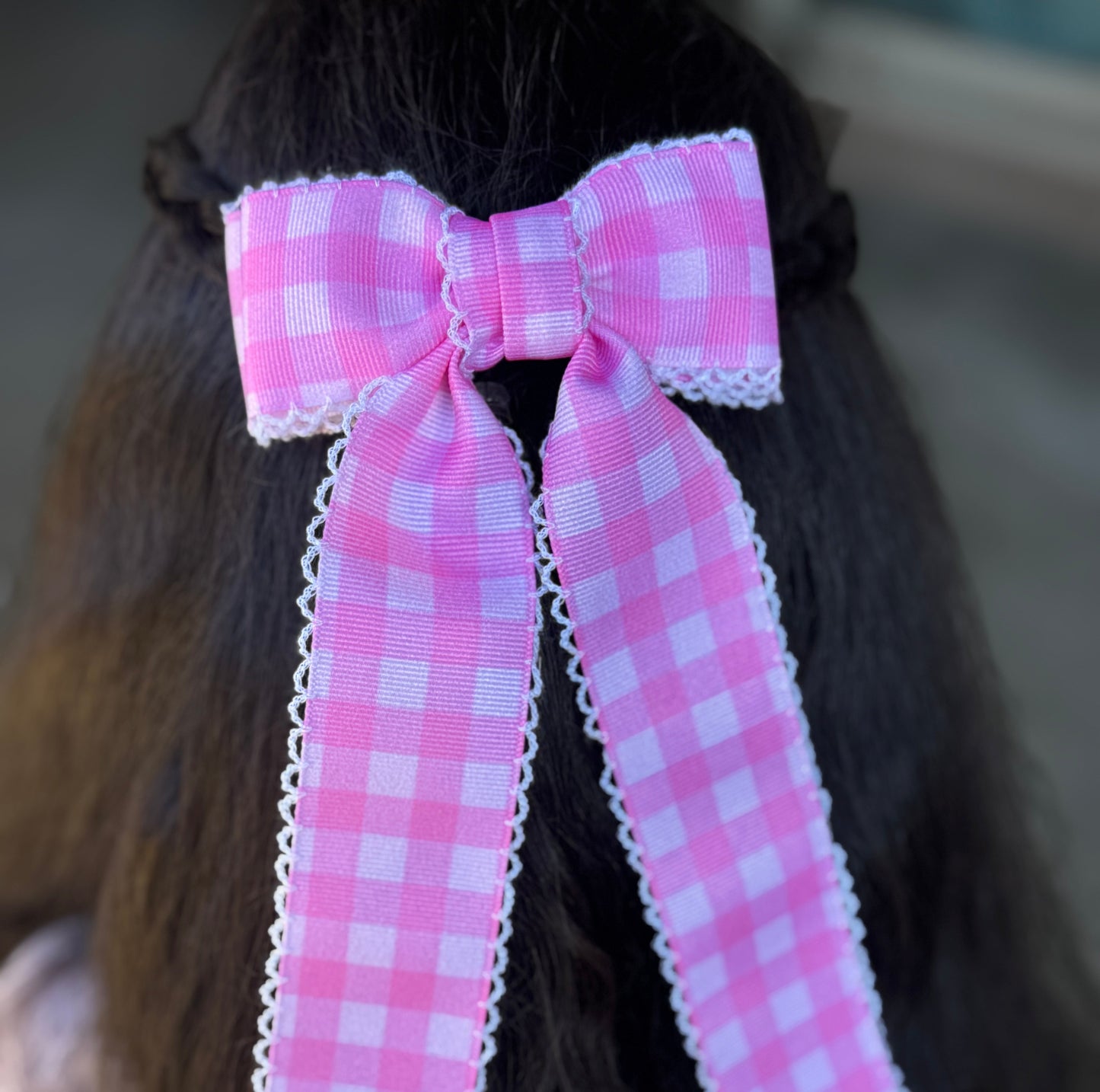 pink gingham moonstitch bow