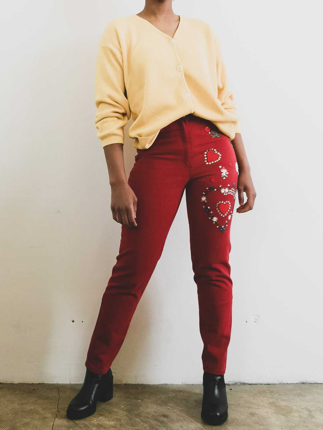 The playful red denim pants